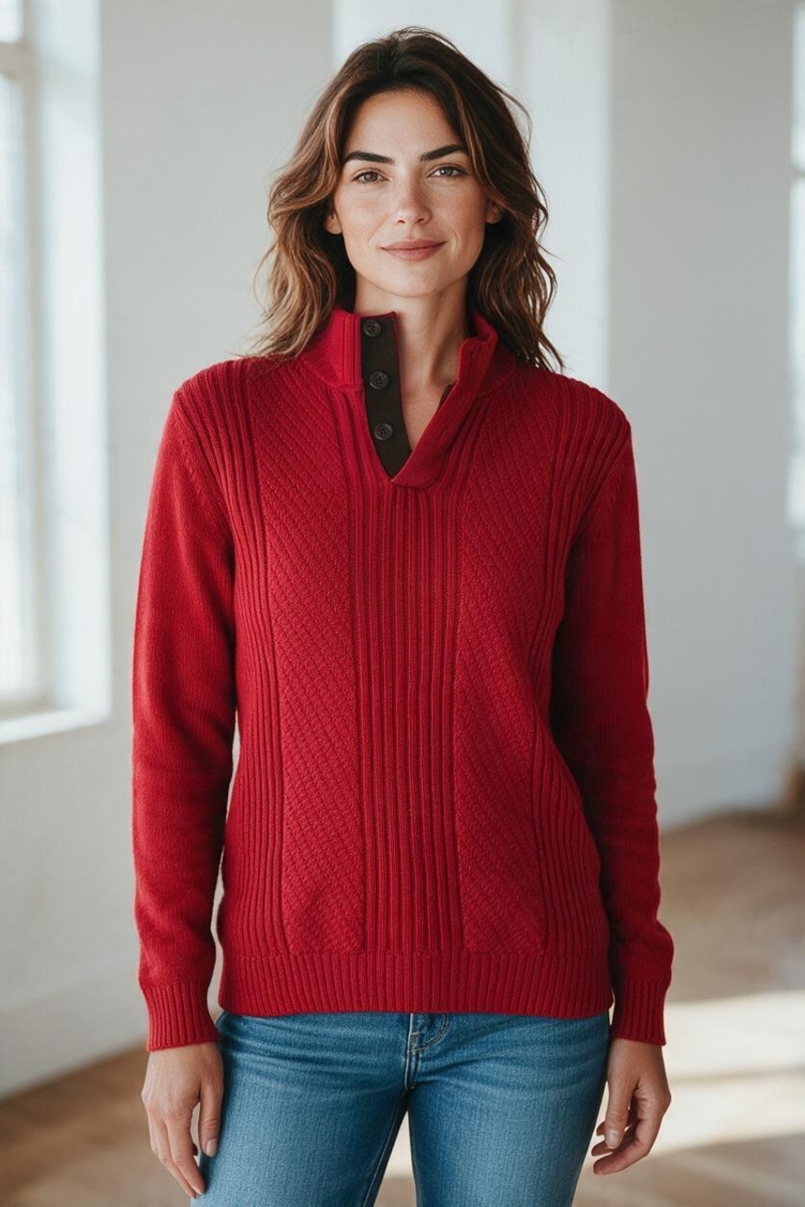 Chaps Womens Red Pullover Sweater Mock Neck Button Collar Elbow Patch Large